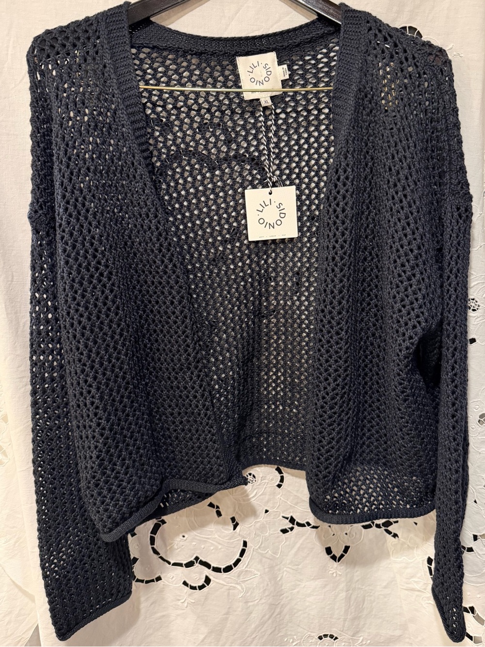 Lili Sidonio NWT Navy Open Knit Cardigan XL Crochet Mesh Boho Layering old money